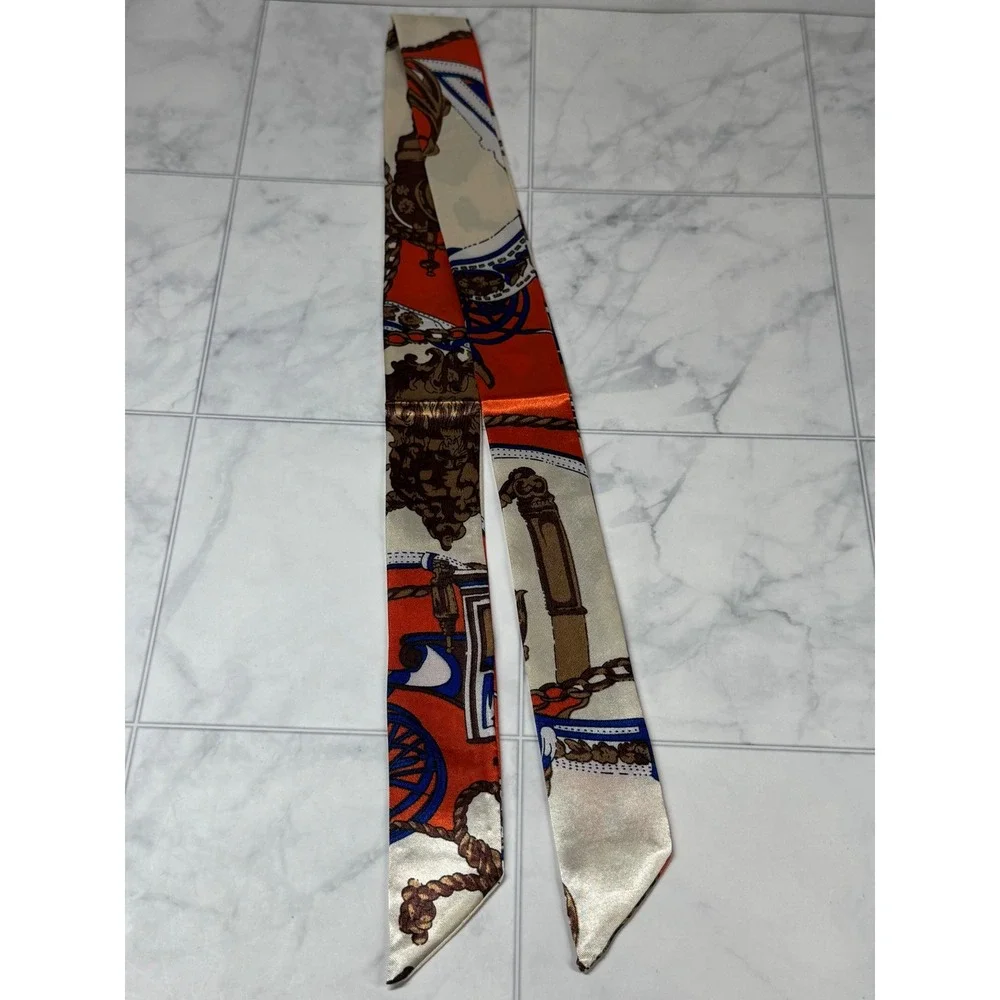 Equestrian Print Satin Skinny Scarf Orange Cream Blue Carriage Chain Bag Ribbon